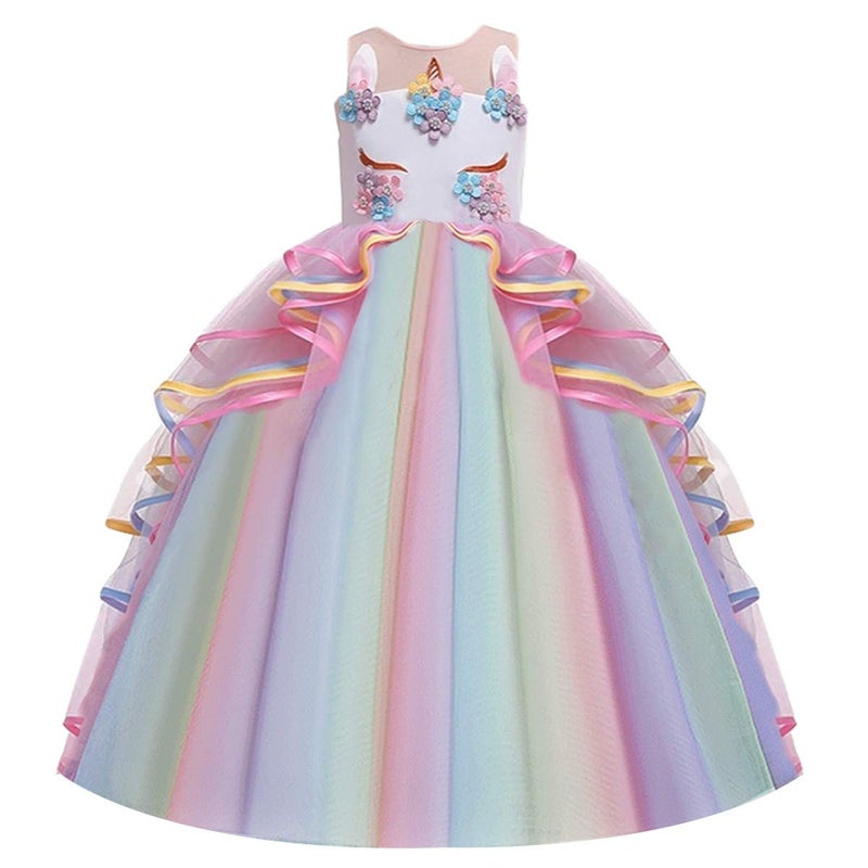 HIHCBF Girls Unicorn Costume Pageant Princess Party Dress Wedding Birthday Christmas Carnival Long Maxi Gown w/Headband Multicolored 8-9T - Image 2